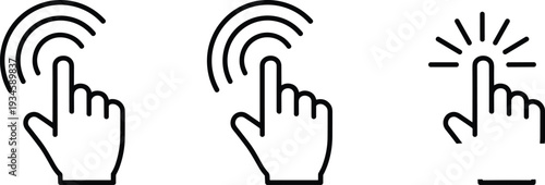 Hand clicking icons set, touchscreen finger tap symbols, interactive digital interface elements, human gesture pointers, web navigation graphics, vector line illustration