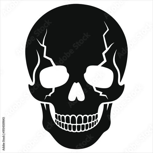 Horror cracked human skull vector icon, black silhouette with broken bone fractures, spooky Halloween death symbol, gothic tattoo design, isolated on white background for poster, sticker, logo and SVG