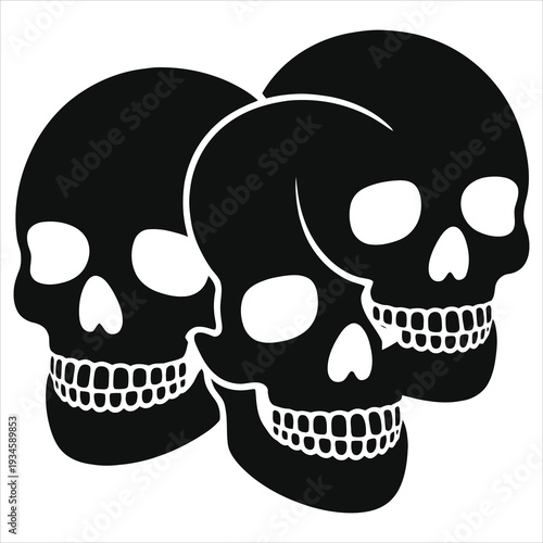 Horror Skull Silhouette Vector – Pile of Three Black Human Skulls with White Teeth & Eye Sockets, Spooky Halloween or Death Symbol Design for T-Shirts, Logos, Posters, and Dark Art Projects