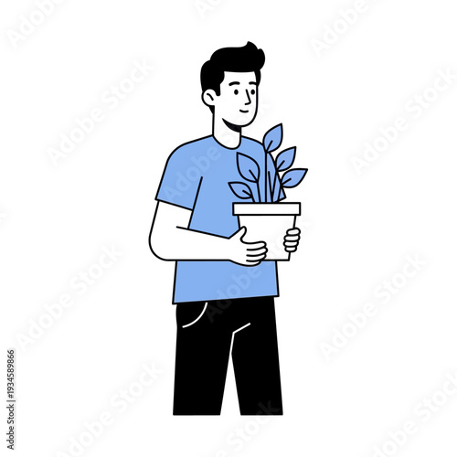 Man holding potted plant in simple line art style with blue color palette in flat design for gardening website