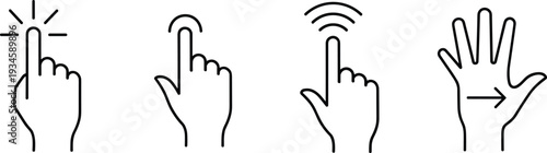 Hand gesture icons set, touchscreen finger tap symbols, clicking and swiping actions, interactive interface elements, human touch pointers, vector line graphics