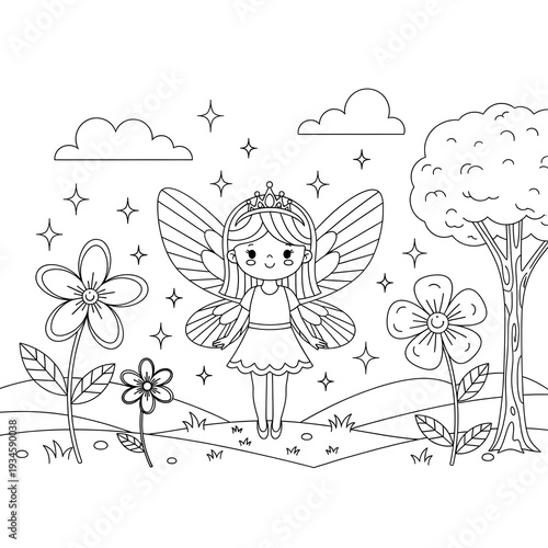 Whimsical fairy standing among flowers and trees in a magical fantasy landscape scene.