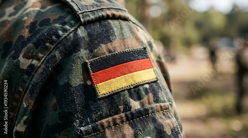 A close-up view of a German military uniform with a camouflage pattern and the German flag patch
