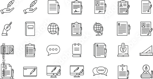 Line of office supplies and paperwork line black and white documents writing