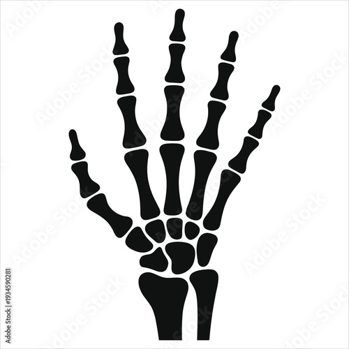 Skeleton hand reaching up black silhouette vector illustration. Spooky dead human bone anatomy icon, gothic halloween horror design element isolated on white for tattoo, sticker, print, holiday decor