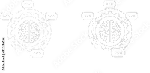 Human brain icon inside gear with speech bubbles, cognitive process, mental health communication, artificial intelligence thinking, vector illustration, digital psychology.