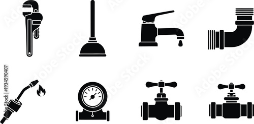 Icon bundle of plumbing tools and fittings pipe faucet valve and more