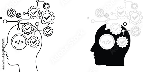 Human head with gear mechanism and coding symbol, artificial intelligence brain development, software engineering process, machine learning logic, vector illustration