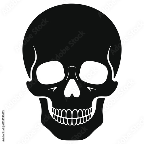Black Skull Vector Icon Isolated on White Background. Scary Human Head Bone Symbol with Glowing Hollow Eyes and Grinning Teeth. Perfect for Halloween Horror Theme, Death Logo, Pirate Flag, T-Shirt