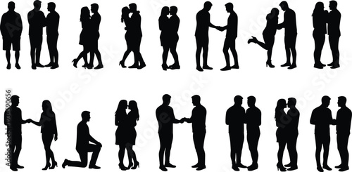 Romantic couple silhouette, love pose collection, hugging, kissing, holding hands, kneeling proposal, relationship concept, black white contrast, affection