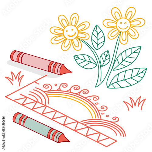 Colorful drawing of flowers and crayons