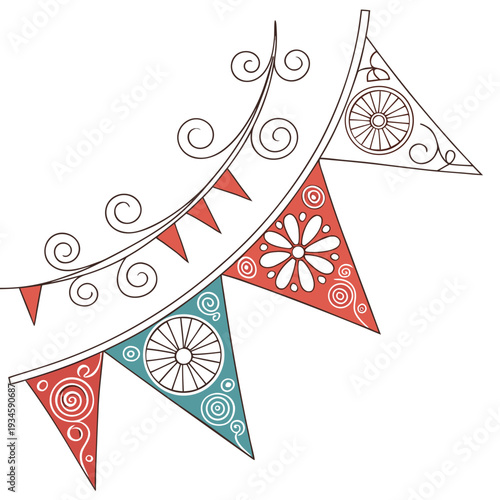 A colorful banner with triangular flags and floral patterns