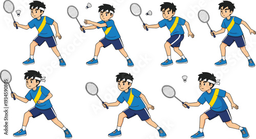 Badminton Player Cartoon Character Set in Different Action Poses with Racket Sports Vector Illustration