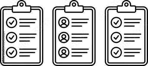 Checklist Clipboard Icon Set with Task List, User Profile Items, and Check Mark Symbols for Business Planning, Survey Forms, and Project Management