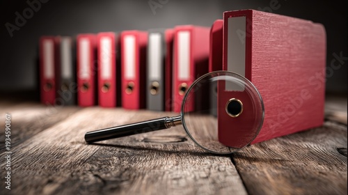 Red office folders arranged on a wooden desk with a magnifying glass emphasizing organization and detail in paperwork and document management