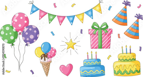 Birthday Party Elements Cartoon Vector Illustration Set with Balloons Cakes Gift Box and Celebration Decorations