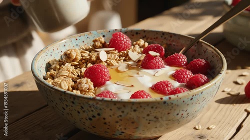Close up of a bowl of granola with fresh raspberries and honey