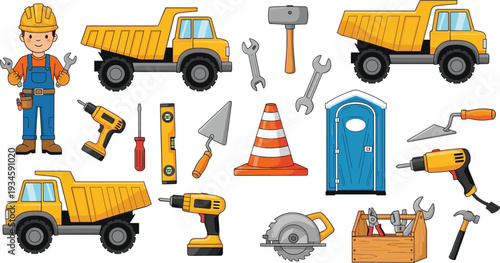 Cartoon Construction Equipment Collection with Dump Trucks Tools Worker and Safety Cone Vector Illustration Set