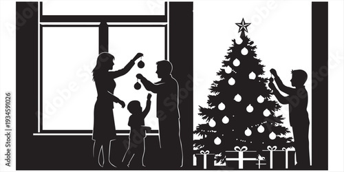 Paper cut of a family decorating a Christmas tree together with each member holding an ornament or string of lights set in a cozy layered indoor scene with a fireplace presents