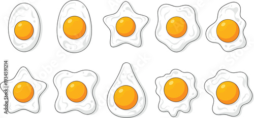 Cartoon Fried Eggs Collection with Different Shapes Sunny Side Up Breakfast Food Vector Illustration Set