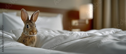 Gray rabbit sits on fluffy blanket looking at camera in a cozy bedroom with pastel background and space for text