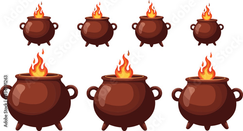 Cartoon Magic Cauldron Collection with Boiling Pot and Fire Flame Halloween Vector Illustration Set