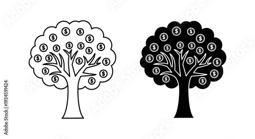 A black and white illustration of two trees with dollar signs on their leaves symbolizing financial growth and prosperity.