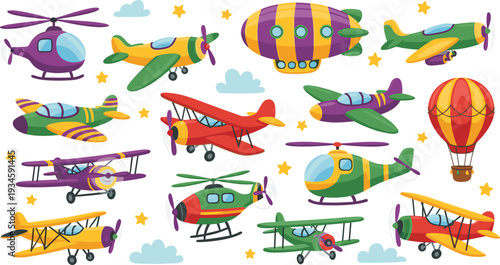 Colorful Cartoon Airplanes Helicopter and Hot Air Balloon Set Cute Flying Transport Vector Illustration Collection