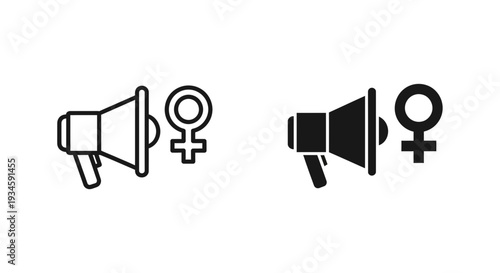 A black and white illustration of two megaphones with female symbols, representing female empowerment and voice.