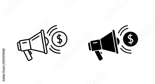 Two megaphones with dollar signs, one in black and white and the other in solid black, on a clean white background.