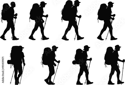 WSet of hiker silhouettes walking with backpacks and trekking poles, outdoor adventure travel concept, black vector illustration isolated on white background