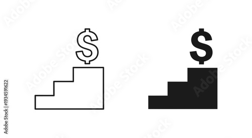 A black and white illustration of two staircases with dollar signs on top, symbolizing financial growth and success.