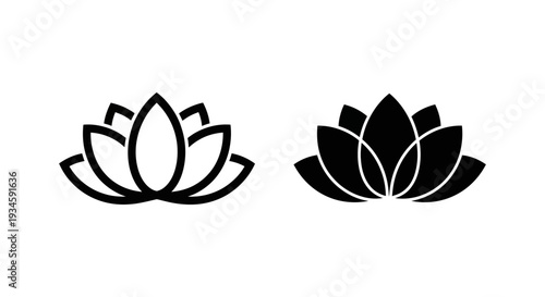 A minimalist illustration of two lotus flower symbols in black and white on a clean background