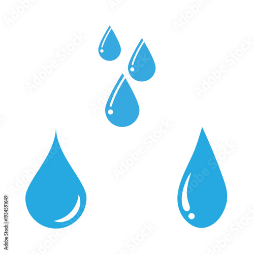 Clean water drop icon set symbolizing hydration, purity, environment, sustainability, and liquid related industries.