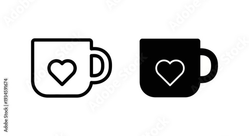 A simple graphic illustration of two coffee mugs with heart designs on a white background