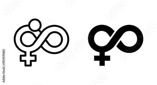 A stylized illustration of the female symbol intertwined with the infinity symbol on a white background