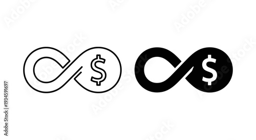 A stylized illustration of infinite money concept with dollar sign and infinity symbol in black and white