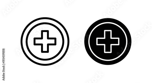 Two medical icons with a plus sign in a circle on a white background
