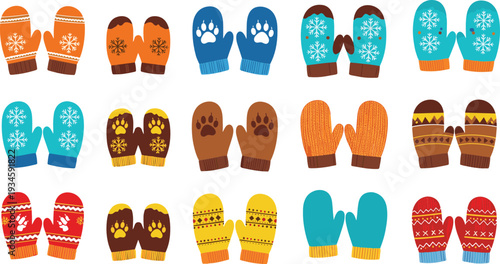 Colorful Winter Mittens Collection with Snowflake Patterns and Cute Paw Print Gloves Vector Illustration Set