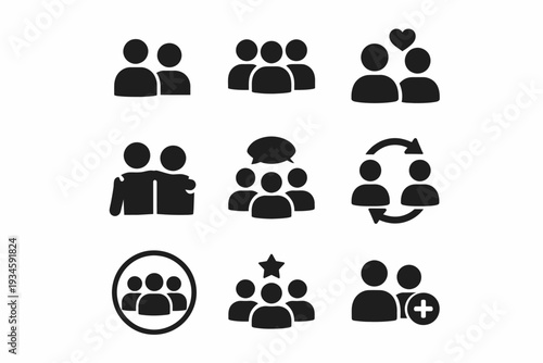 Set of nine minimalist group and social interaction icons