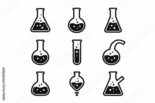 Collection of various laboratory glassware icons with liquid