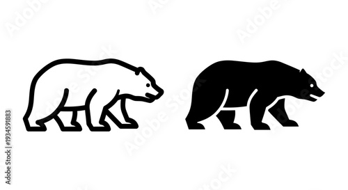 A black and white illustration of two bears walking side by side in a simple design