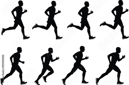 Running silhouette sequence, human motion study, biomechanics breakdown, athletic stride, sports training, animation reference, black figure, sprint, exercise, posture
