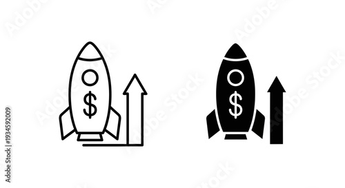 A black and white illustration of two rocket ships with dollar signs and arrows pointing upwards, symbolizing financial growth and success.