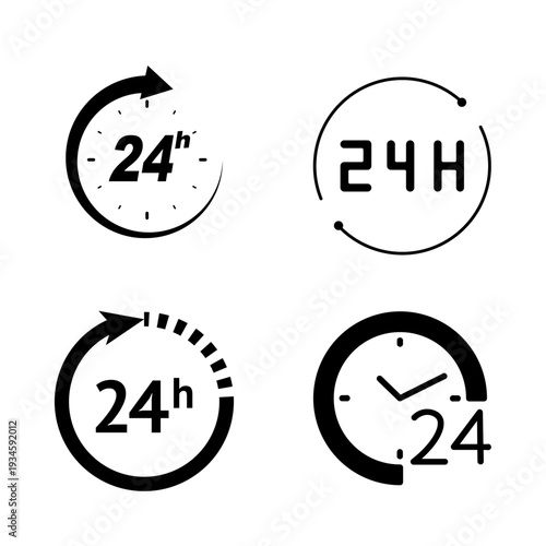 Modern 24/7 availability icon set representing customer support, nonstop service, reliability, and business operations.