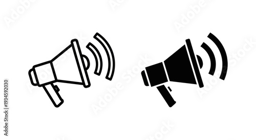Two megaphones are shown in black and white, one outlined and one filled in, with sound waves emanating from them.
