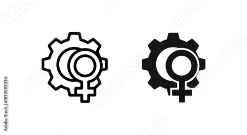 Two black and white icons of gears with female symbols in the center on a plain white background