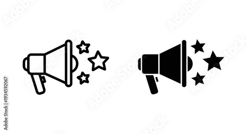 Two black and white megaphone icons with stars on a clean white background
