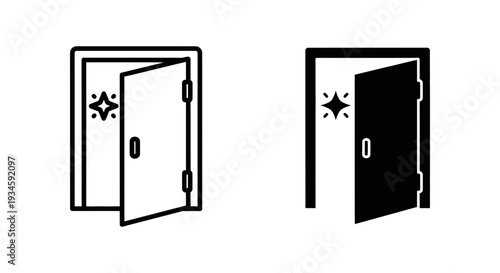 A minimalist illustration of two open doors with a starburst design on a white background