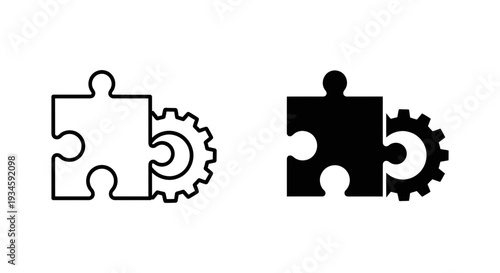A black and white illustration of puzzle pieces and gears on a plain background